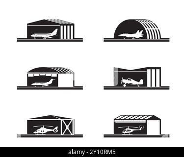 Hangars with aircrafts and helicopters – vector illustration Stock Vector