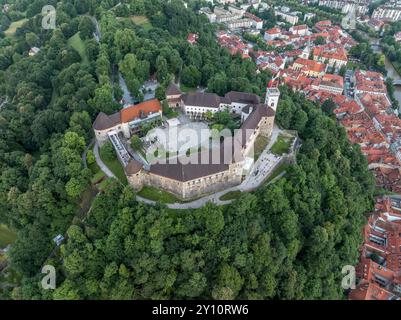 Aerial top down view of Ljubljana castle with towers, courtyard, ramparts on the hilltop above the Slovenian capital Stock Photo