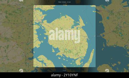 Funen Island in the Kattegat, belonging to Denmark, described and highlighted on a topographic, OSM Humanitarian style map Stock Photo