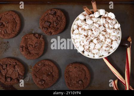 A cookie sheet with chocolate cookies, candy canes and a mug of hot chocolate with marshmallows. Stock Photo