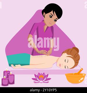 Needle Acupuncture treatment by professional acupuncturist in spa. Isolated flat vector illustration. Indian and European ethnicity. Stock Vector