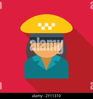 Female taxi driver wearing a yellow checkered cap smiling at a passenger in the back seat Stock Vector