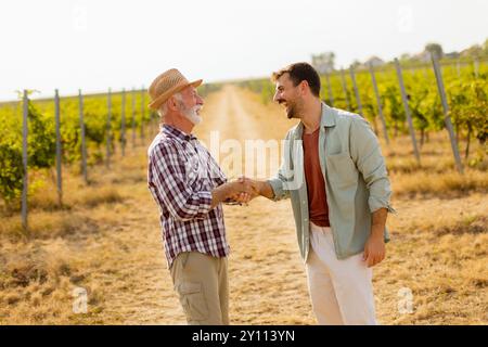 Two men share a meaningful discussion amidst rows of grapevines, enjoying the warmth of the late afternoon sun, symbolizing connection and tradition i Stock Photo