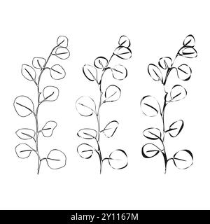 Set of Eucalyptus silver dollar or baby blue branchBlack and white Floral Bouquets. Flower Coloring Page. Floral Line Art. Fine Line Lilies illustrati Stock Vector