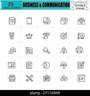 25 Minimalist Line Icons for Business and Communication - Editable Vector Set for Marketing, Finance, and Design Projects. E Stock Vector