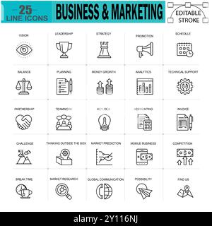 Business & Marketing Thin Line Icons Collection — Editable Stroke, Perfect for Branding, Financial, and Promotional Design Projects Stock Vector