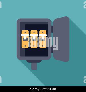 Illustration of an open electrical panel showing circuit breakers on a blue background Stock Vector