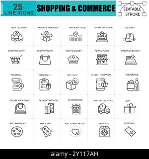 Shopping and Commerce Line Icons Set - Editable Stroke Stock Vector