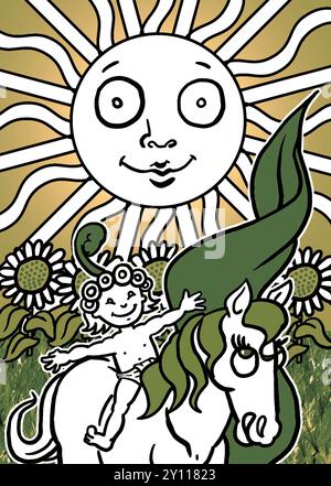 Art illustrating Tarot card The Sun (XIX) cheerful child riding white horse, surrounded by sunflowers, and basking in the light of a radiant sun. Stock Photo