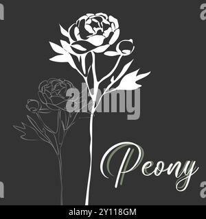 Peony for logo, decorations, card. invitation. Hand drawn white line and silhouette. Hand drawn line wedding decoration, elegant leaves for invitation Stock Vector
