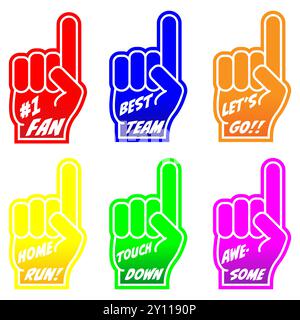 Set of colourful Fan Fingers with rally messages, foam fan hand glove with pointing finger Stock Vector