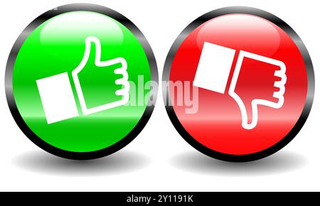 Advisory Buttons with Thumbs up and thumbs down review icons, good or bad buttons, agreement approval or rejection elements isolated on white Stock Vector
