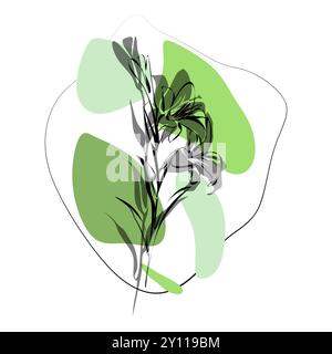 Lily for logo, decorations, card. invitation. Hand drawn transparent line and silhouette. Hand drawn line wedding decoration, elegant leaves for invit Stock Vector