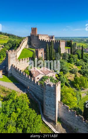 Aerial view of the Scaligero castle of Soave in summer. Verona district, Veneto, Italy, Europe. Stock Photo