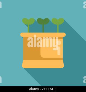 Minimalist vector illustration of a plant pot with three small plants growing, isolated on a blue background with long shadow Stock Vector