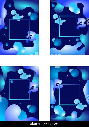 This image features a collection of four vibrant abstract designs Each design showcases a dark blue background adorned with fluid organic shapes in sh Stock Vector