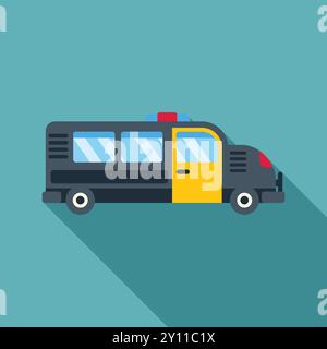 Prisoner transport bus with open door parked, side view, flat design icon with long shadow on turquoise blue background Stock Vector