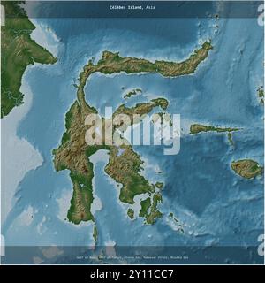 Celebes Island in the Java Sea, belonging to Indonesia, cropped to square on a colored elevation map Stock Photo