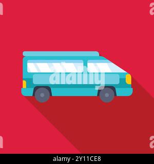 Turquoise minivan for road trip and family travel with roof luggage compartment is standing on red background, transportation and tourism concept Stock Vector