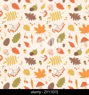 Autumn seamles pattern with leaves, berries, mushrooms, acorns, cones and chestnuts. Flat vector illustration Stock Vector