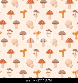 Seamless pattern with forest mushrooms on a beige background. Flat vector illustration Stock Vector