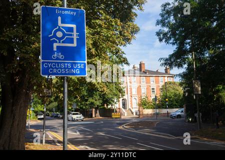 Newly installed mini roundabout with special provisions for cyclists. Suburban London, UK Stock Photo