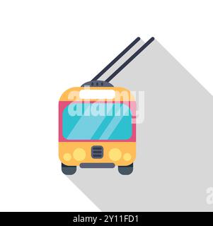Yellow trolleybus is moving down the street in this flat design illustration with a long shadow Stock Vector