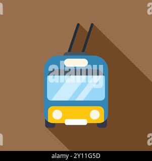 Blue trolleybus driving along brown background with long shadow, public transport concept Stock Vector
