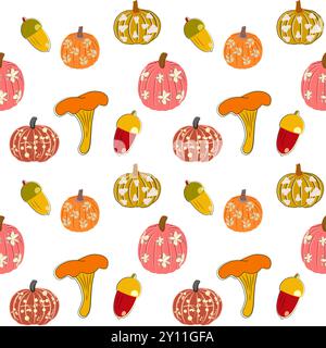 This vibrant pattern captures the essence of autumn. It features golden-yellow mushrooms, bright orange pumpkins, and a variety of multi-colored leave Stock Vector