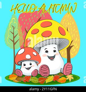 This vibrant image captures two cartoon mushrooms with smiling faces, personifying the joy of autumn’s arrival. The larger mushroom features a yellow Stock Vector