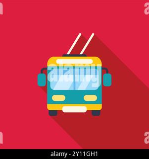 Green trolleybus driving along the street with long shadow on red background Stock Vector