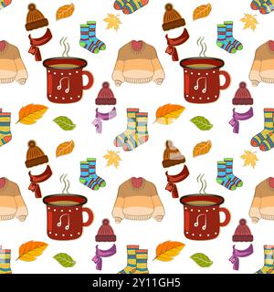 Cozy Autumn Vibes Pattern. This vibrant and cozy pattern captures the essence of autumn. It features steaming mugs, warm knitted hats, snug sweaters, Stock Vector