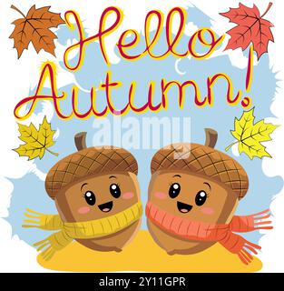 This vibrant image captures the essence of autumn with two adorable cartoon acorns wearing cozy scarves and a friendly expression. They are set agains Stock Vector