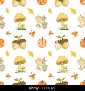 This vibrant pattern captures the essence of autumn. It features golden-yellow mushrooms, bright orange pumpkins, and a variety of multi-colored leave Stock Vector