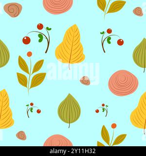 This playful and colorful pattern captures the essence of autumn. Stylized leaves in warm shades of yellow, orange, and green dance across the design, Stock Vector