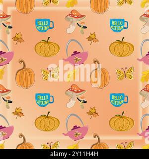 This charming seamless pattern captures the essence of autumn with a playful array of seasonal icons. Illustrated in a warm and inviting color scheme, Stock Vector