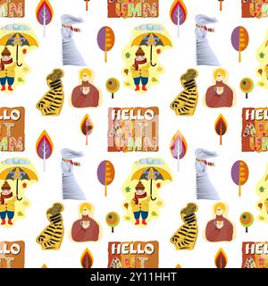 This vibrant image showcases a delightful pattern celebrating the essence of autumn. It features an array of seasonal icons, including stylized female Stock Vector