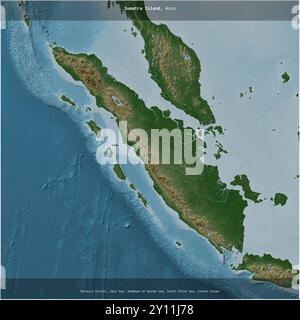 Sumatra Island in the Java Sea, belonging to Indonesia, cropped to square on a colored elevation map Stock Photo