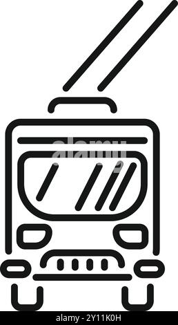 Simple line art icon of a trolleybus driving with its trolley poles connected to the wires above Stock Vector