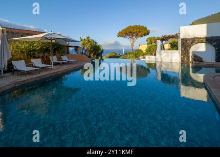 Italy, Tyrrhenian Sea, Lipari Islands / Aeolian Islands, Salina, Hotel Signum, Gulf of Malfa, hotel Stock Photo