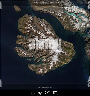 Disko Island in the Baffin Bay, belonging to Greenland, cropped to square on a satellite image taken in August 13, 2017 Stock Photo