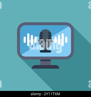 Computer screen displaying a microphone icon and soundwaves, representing podcast recording and audio editing Stock Vector