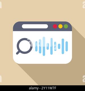 Web browser window is displaying voice search engine results page with a magnifying glass icon and sound wave symbol Stock Vector