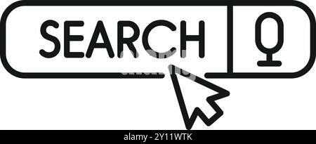 Linear icon of a search bar with a microphone icon and a mouse cursor clicking on it Stock Vector