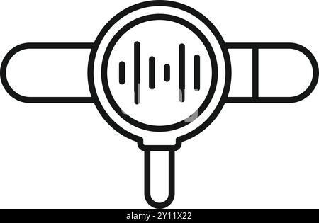 Magnifying glass is analyzing a sound wave in this icon representing audio analysis Stock Vector
