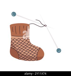 Vector illustration of knitted sock with needles. Can be used as a sticker, icon, logo, design template, coloring page Stock Vector
