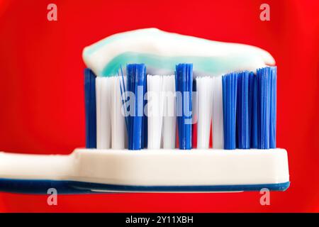 An extreme close-up shot of a toothbrush with stripy toothpaste applied on top of the bristles, isolated against a red background (by Ivan Radic) Stock Photo