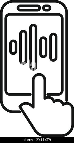 Line art vector icon of a hand interacting with a smartphone, symbolizing audio recording or playback Stock Vector