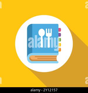 Blue cookbook featuring spoon and fork on cover over yellow background, perfect for representing cookbooks Stock Vector