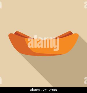 Simple vector illustration of a fresh hot dog with mustard in a bun, isolated on a light brown background with a long shadow Stock Vector